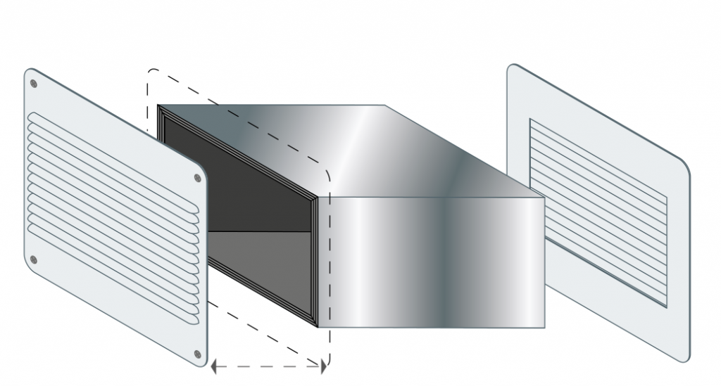 Ilustración de la rejilla de aireación GB-GA 45 con tapas difusoras y cuerpo a 45°
