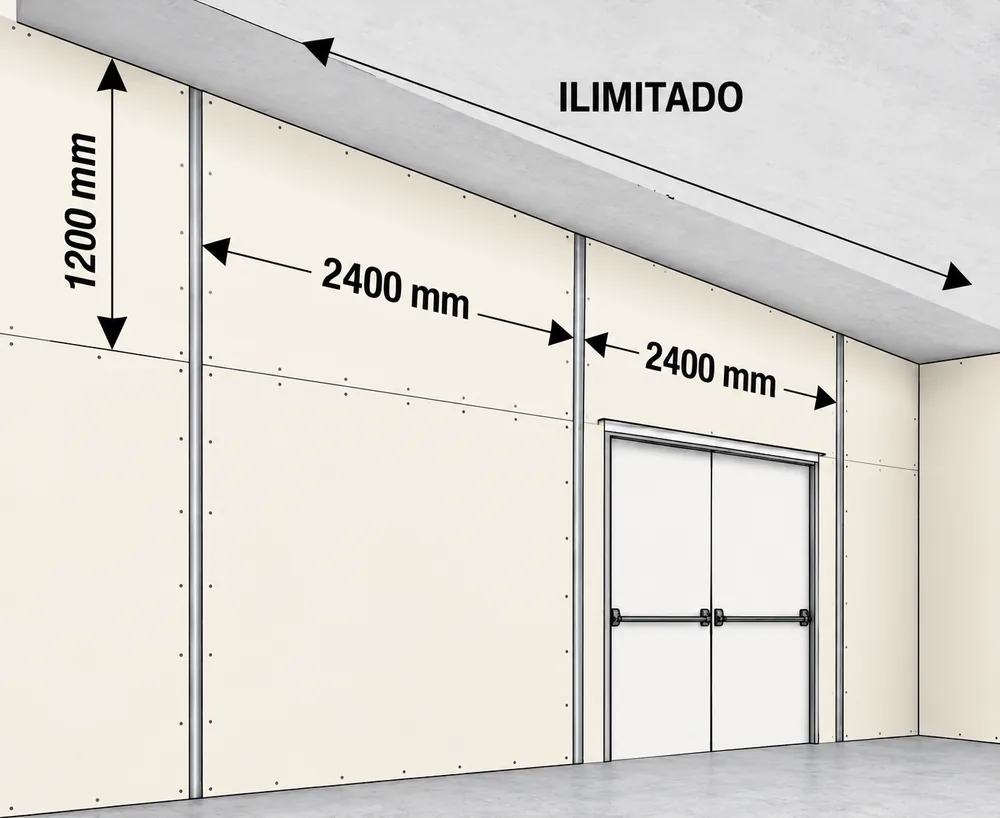 Dimensiones máximas del hueco de atravesamiento: 2400 x 1200 mm en pared de cartón yeso y ancho ilimitado en pared rígida