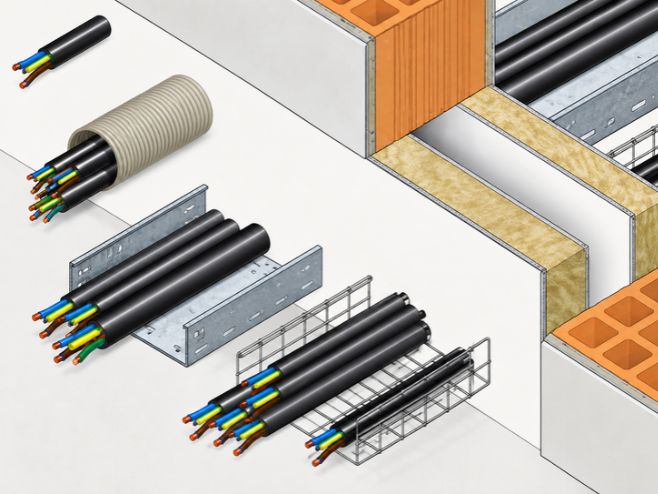 Ilustración de cables eléctricos y bandejas atravesando una pared sellada con paneles GB