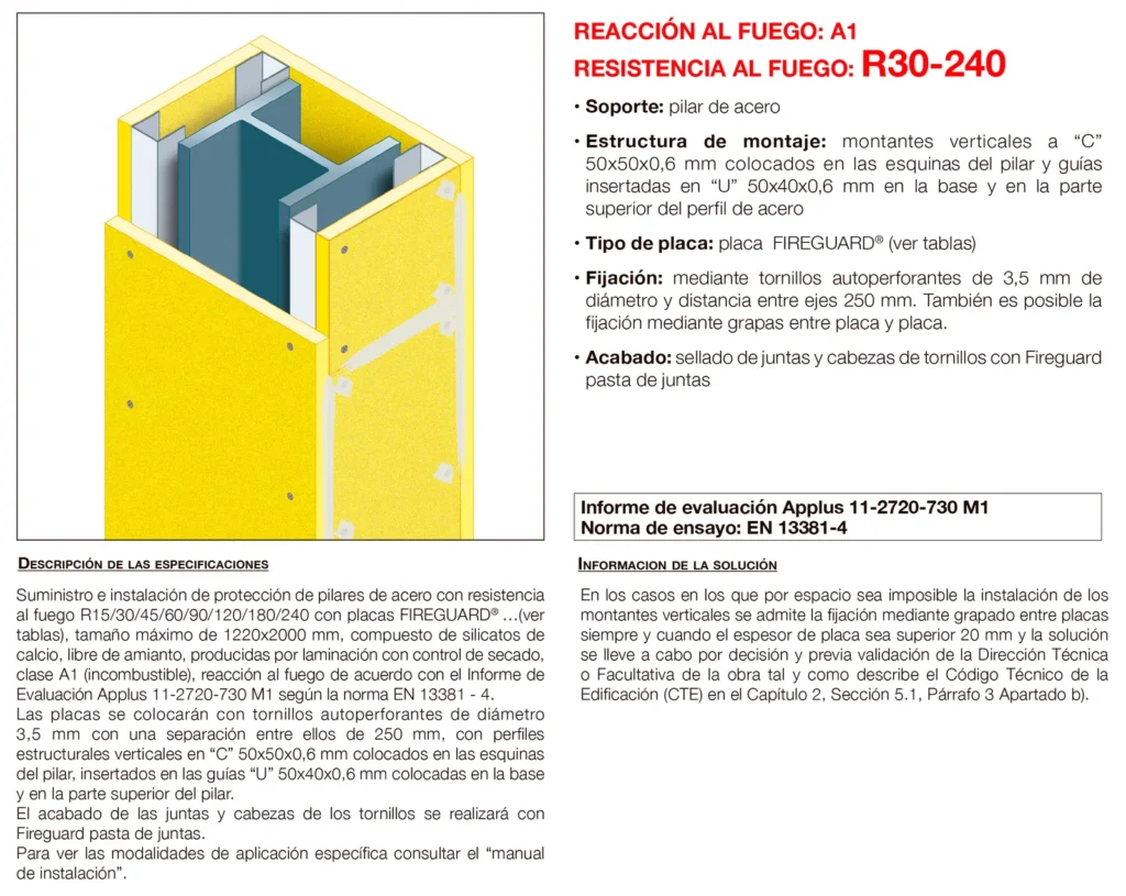 Lámina del sistema 3.01: Pilares de acero con placa, R 30 a R 240