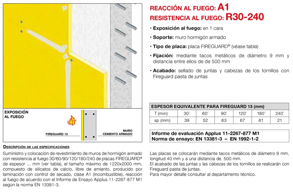 Lámina del sistema 3.13: Muros de hormigón armado con placa, R 30 a R 240