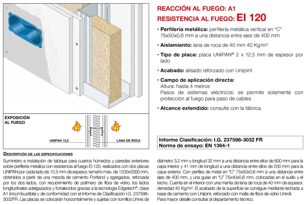 Lámina del sistema 4.12: Tabique en zonas húmedas y exterior con placa, EI 120