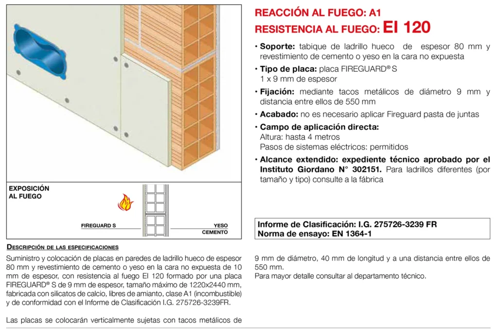 Lámina del sistema 4.13: Trasdosado a muro no portante con placa (sin estructura), EI 120