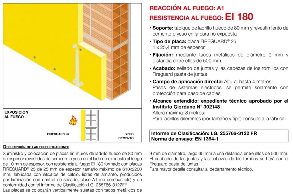 Lámina del sistema 4.14: Trasdosado a muro no portante con placa (sin estructura), EI 180
