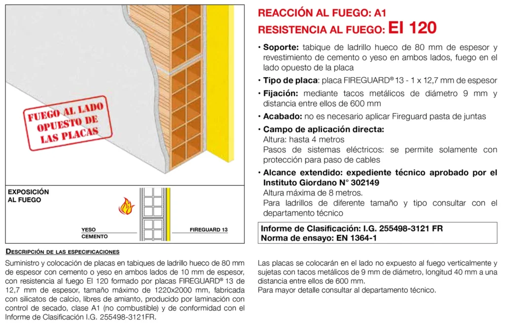 Lámina del sistema 4.15: Trasdosado a muro no portante (fuego en el lado opuesto) con placa (sin estructura), EI 120