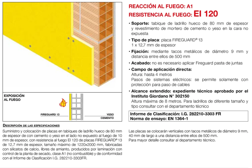 Lámina del sistema 4.16: Trasdosado a muro no portante con placa Fireguard 13 (sin estructura), EI 120