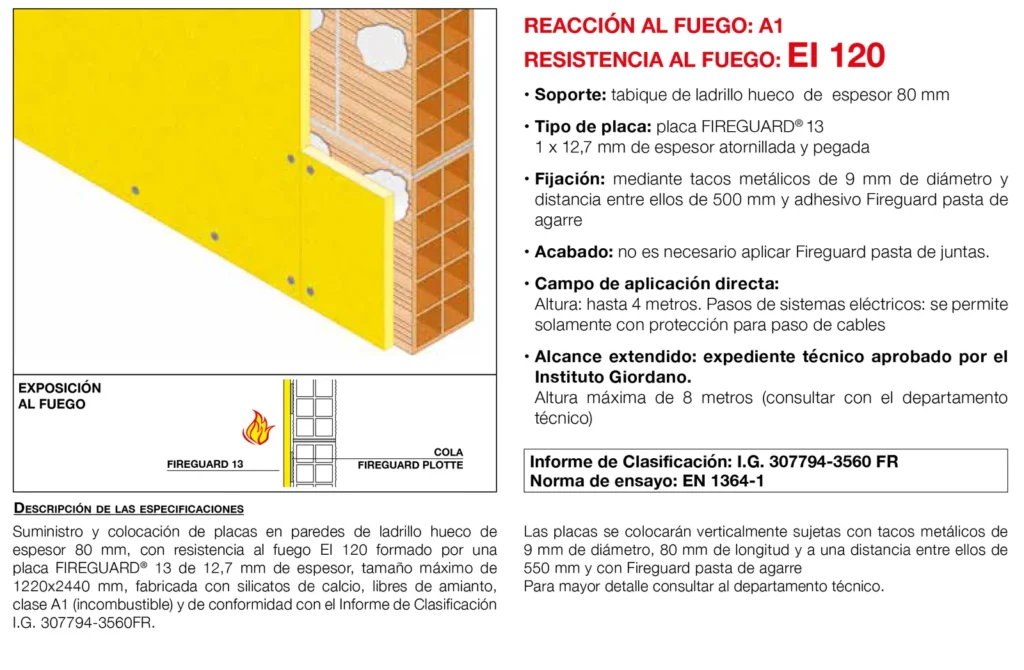 Lámina del sistema 4.18: Trasdosado a muro no portante con placa (con pasta de agarre), EI 120