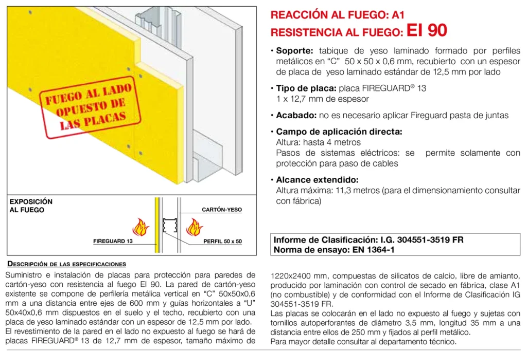 Lámina del sistema 4.19: Trasdosado a pared de cartón-yeso (fuego en el lado opuesto) con placa, EI 90