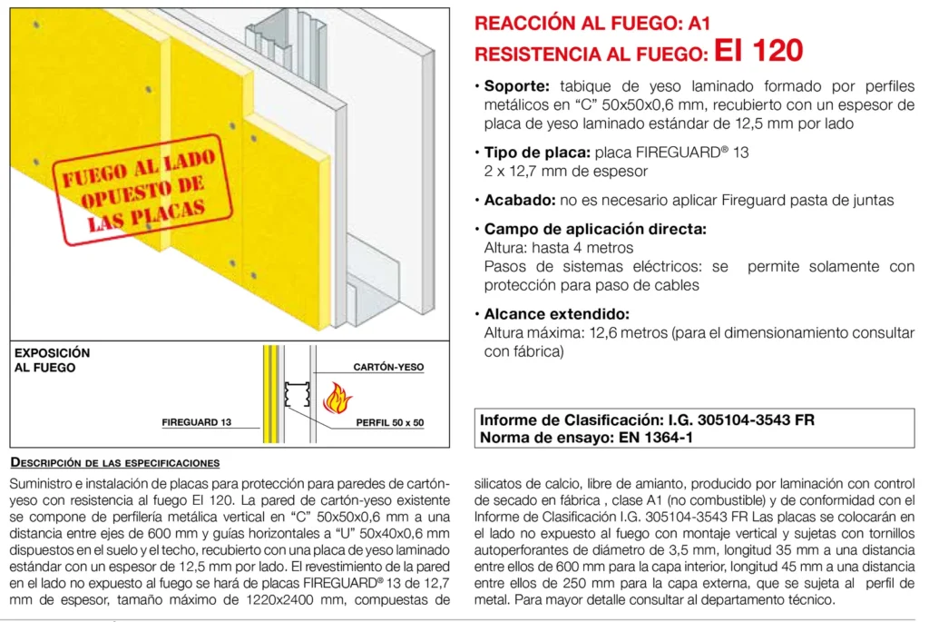 Lámina del sistema 4.20: Trasdosado a pared de cartón-yeso (fuego en el lado opuesto) con placa, EI 120