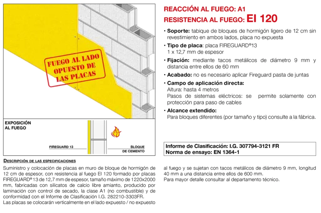 Lámina del sistema 4.21: Trasdosado a muro de bloque de hormigón (fuego en el lado opuesto) con placa, EI 120