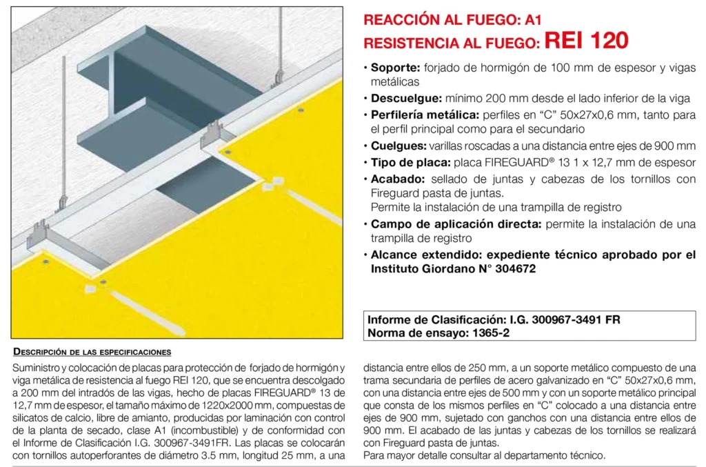 Lámina del sistema 5.10: Falso techo bajo forjado de hormigón y vigas metálicas con placa, REI 120
