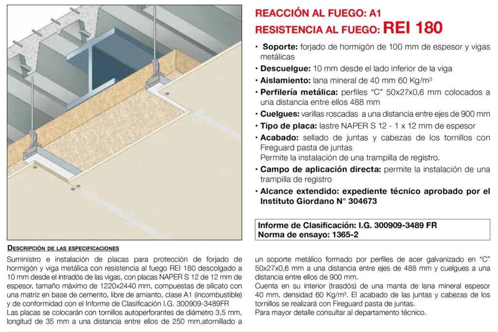 Lámina del sistema 5.11: Falso techo bajo forjado de chapa colaborante y vigas metálicas con placa, REI 180