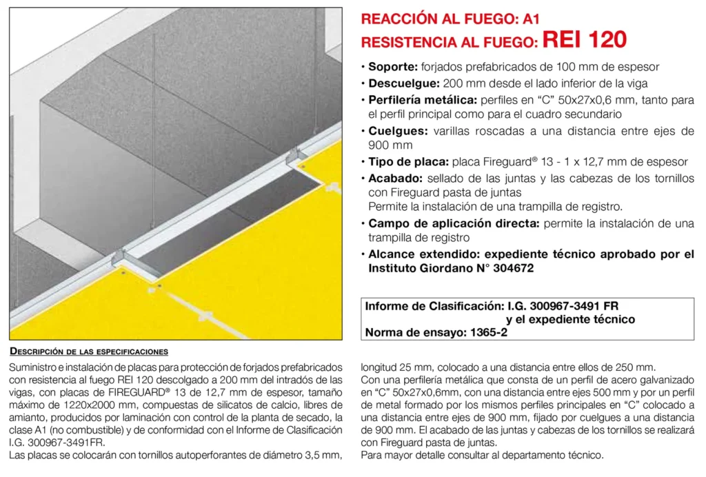 Lámina del sistema 5.12: Falso techo bajo forjado reticular de hormigón con placa, REI 120