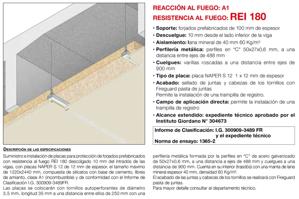 Lámina del sistema 5.13: Falso techo bajo forjado reticular de hormigón con placa, REI 180