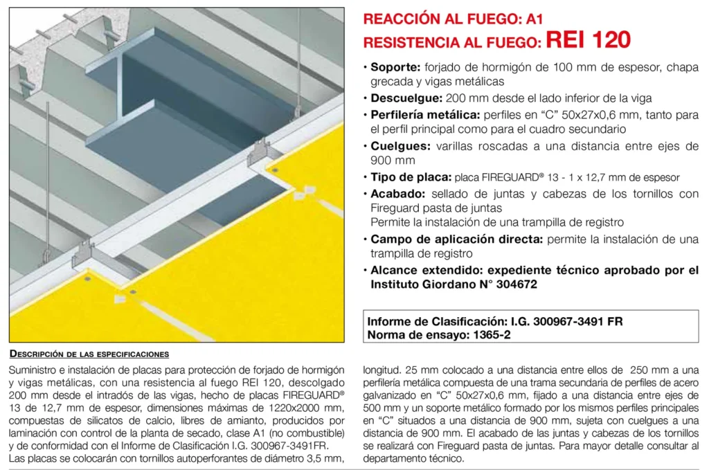 Lámina del sistema 5.14: Falso techo bajo forjado de chapa colaborante y vigas metálicas con placa, REI 120