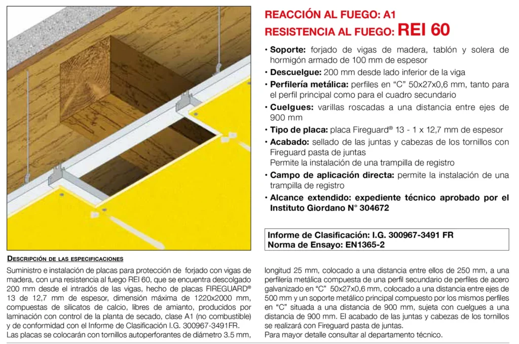 Lámina del sistema 5.16: Falso techo bajo forjado de madera y solera de hormigón con placa, REI 60