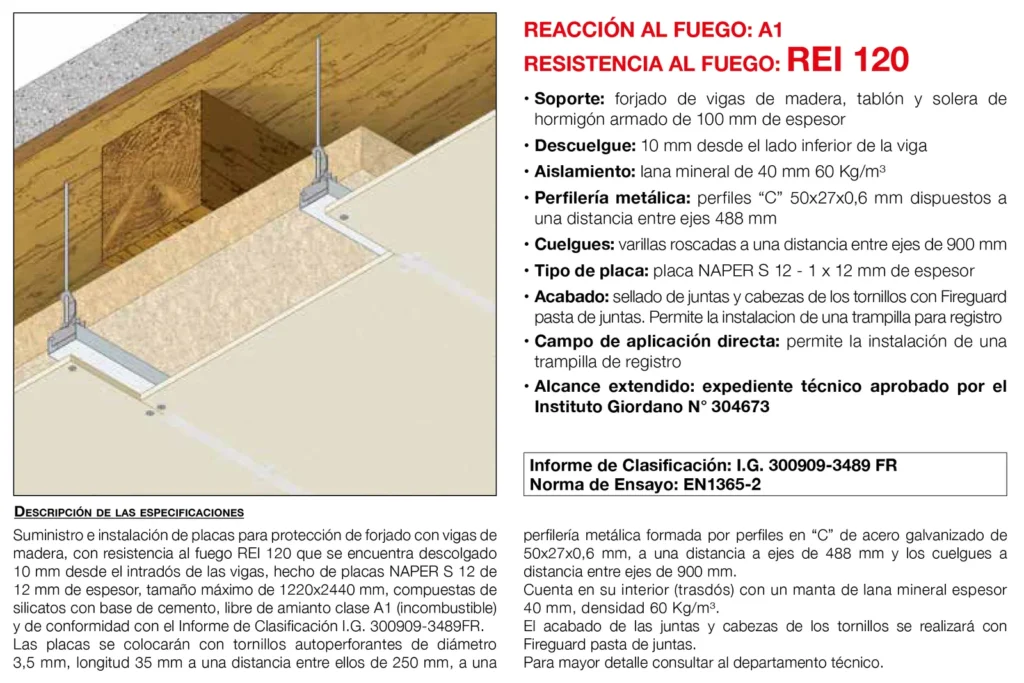 Lámina del sistema 5.17: Falso techo bajo forjado de madera y solera de hormigón con placa, REI 120