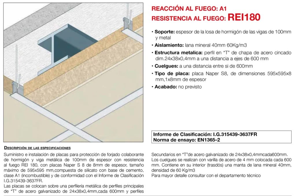 Lámina del sistema 5.18: Falso techo registrable bajo forjado de hormigón y vigas metálicas con placa, REI 180