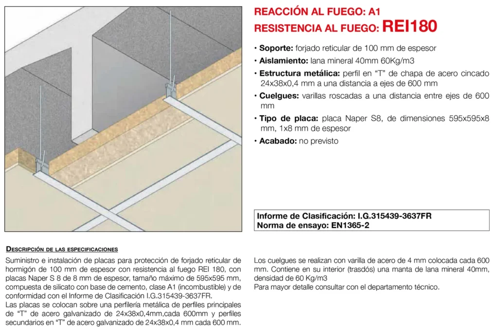 Lámina del sistema 5.19: Falso techo registrable bajo forjado reticular con placa, REI 180