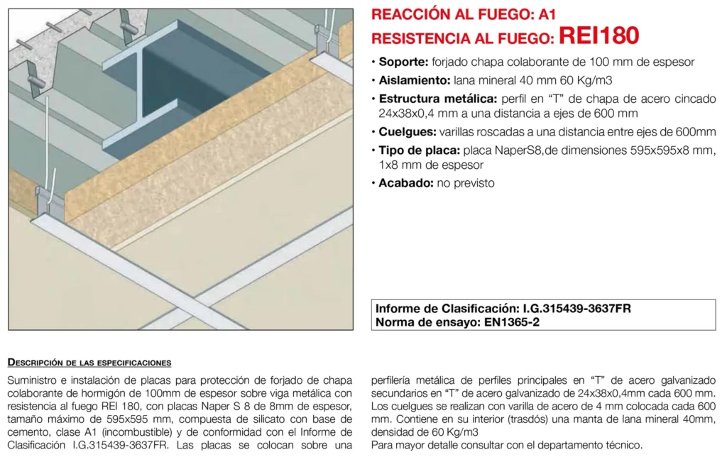 Lámina del sistema 5.20: Falso techo registrable bajo forjado de chapa colaborante y vigas metálicas con placa, REI 180
