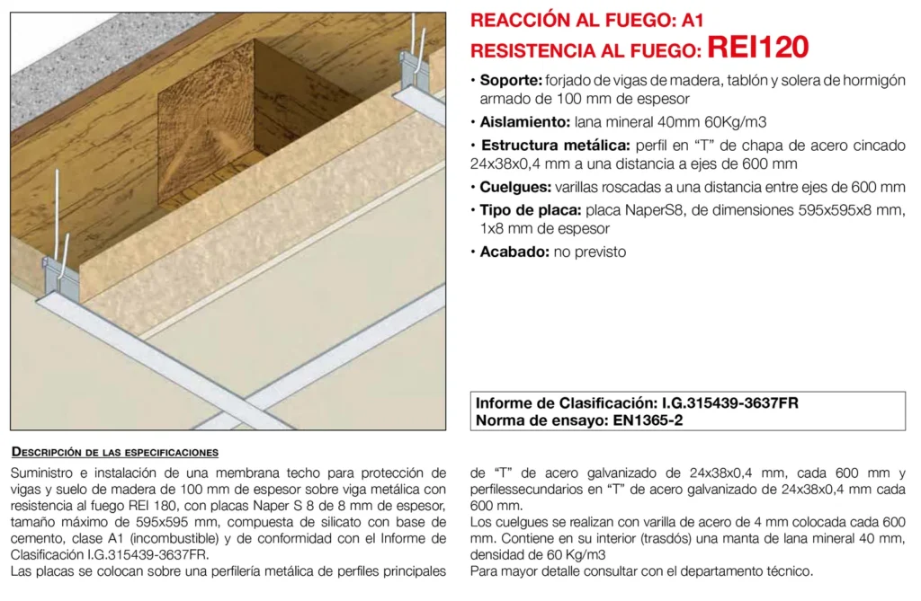 Lámina del sistema 5.21: Falso techo registrable bajo forjado de madera y solera de hormigón con placa, REI 120
