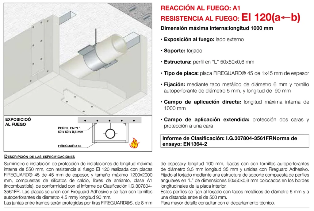 Lámina del sistema 7.06: Protección de tuberías con una placa Fireguard 45, fuego exterior, EI 120