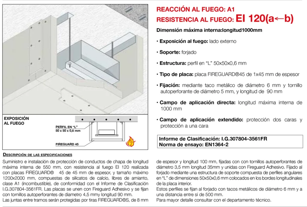 Lámina del sistema 7.07: Protección de conducto de chapa con una placa Fireguard 45, fuego exterior, EI 120