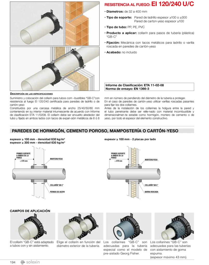 Lámina del sistema 8.04: Paso de tubos combustibles con collarín GB-C en pared de ladrillo o de cartón-yeso